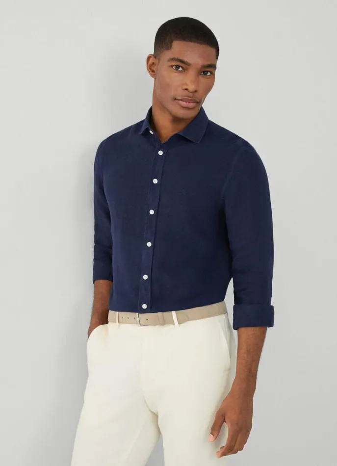 Men Shirts Hackett London Slim Fit Linen Shirt Navy