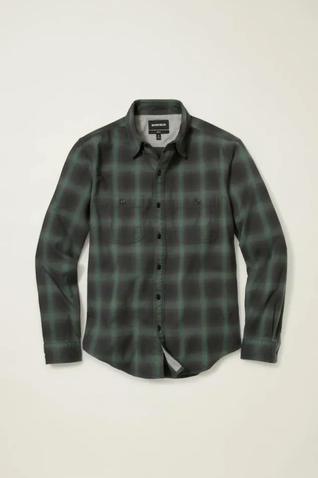 Men Stretch Flannel Shirt Green Black Plaid Bonobos Overshirts