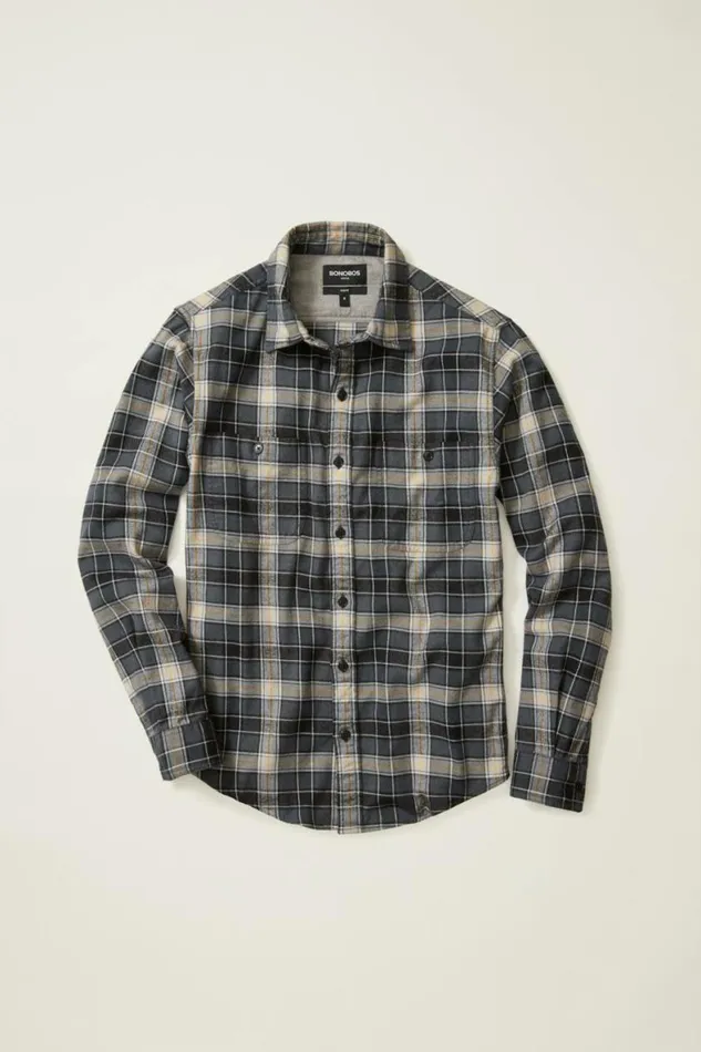 Men Stretch Flannel Shirt Grey Heather Plaid Bonobos Overshirts