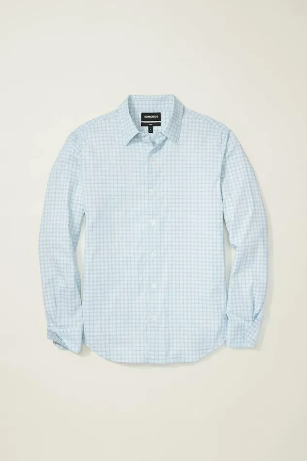 Men Tech Button Down Shirt Blue Bander Plaid Bonobos Business Casual Shirts