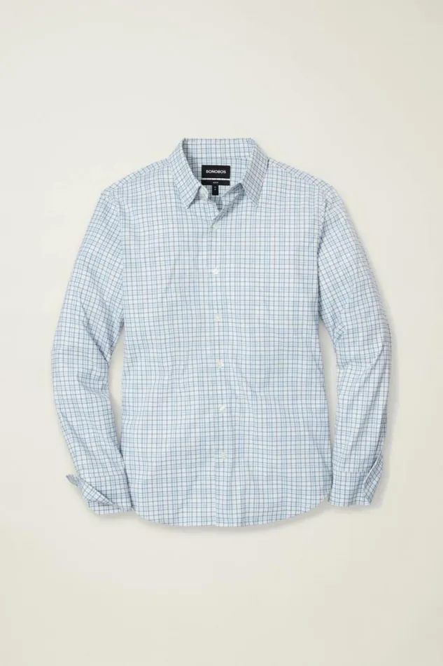 Men Tech Button Down Shirt Blue Multi Plaid Bonobos Business Casual Shirts