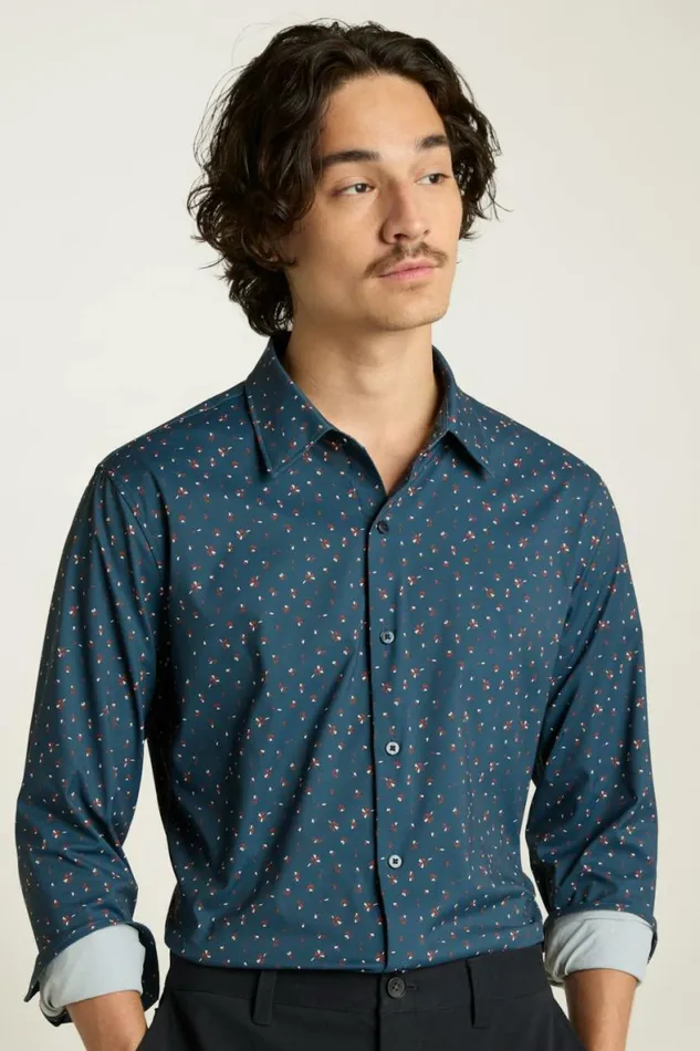 Men Tech Button Down Shirt Blue Sea Floral Bonobos Business Casual Shirts