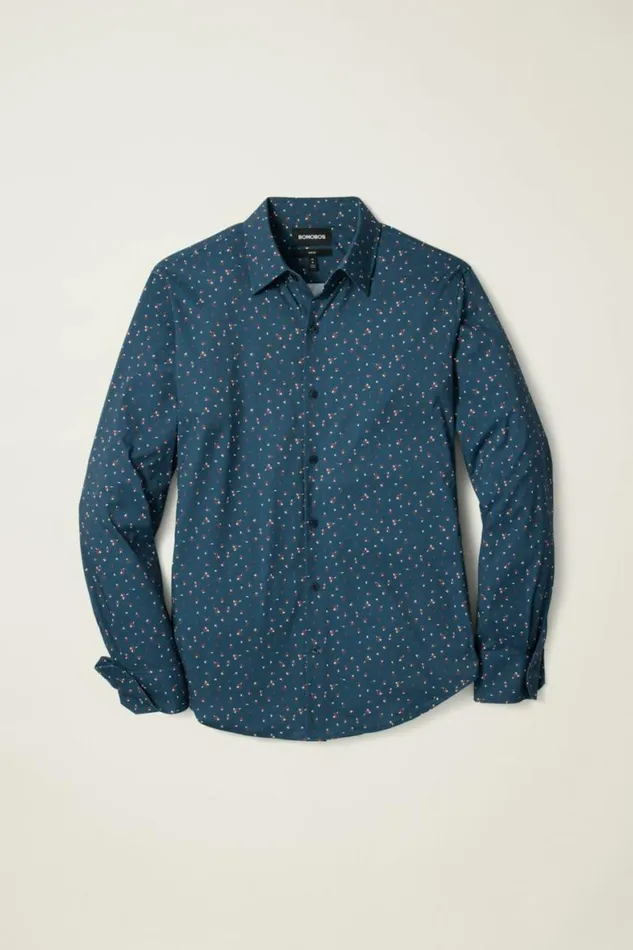 Men Tech Button Down Shirt Blue Sea Floral Bonobos Business Casual Shirts