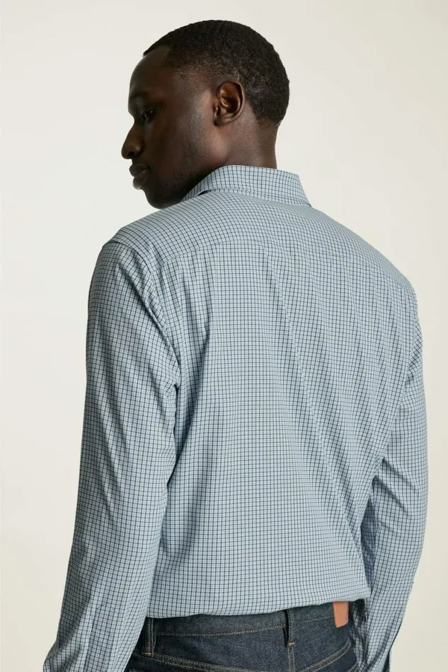 Men Tech Button Down Shirt Navy Blue Cowtan Plaid Bonobos Casual Shirts