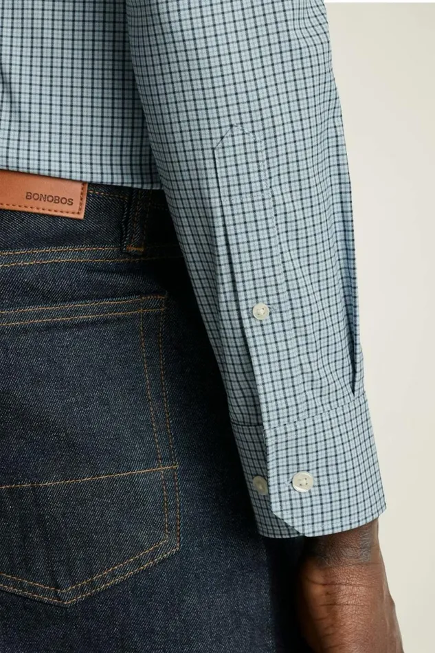 Men Tech Button Down Shirt Navy Blue Cowtan Plaid Bonobos Casual Shirts