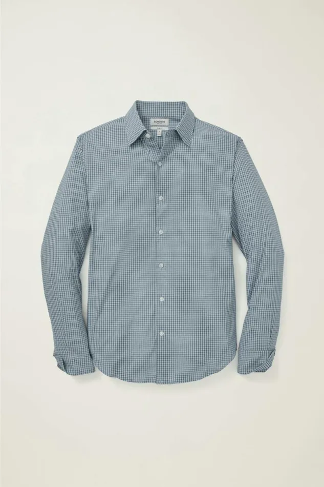 Men Tech Button Down Shirt Navy Blue Cowtan Plaid Bonobos Casual Shirts