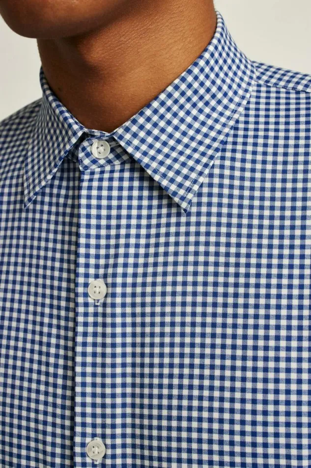 Men Tech Button Down Shirt Navy Medium Blue Plaid Bonobos Business Casual Shirts