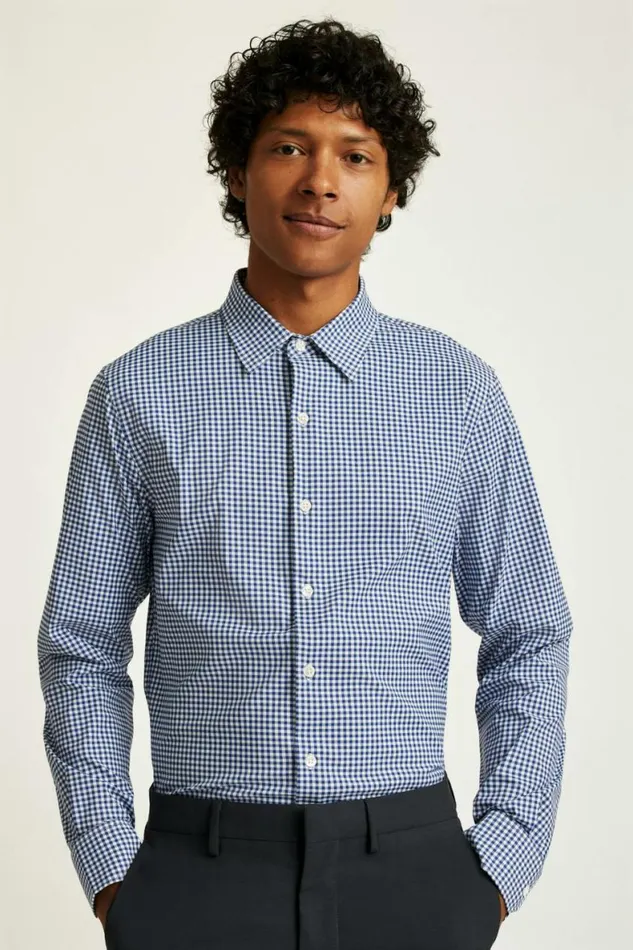Men Tech Button Down Shirt Navy Medium Blue Plaid Bonobos Business Casual Shirts