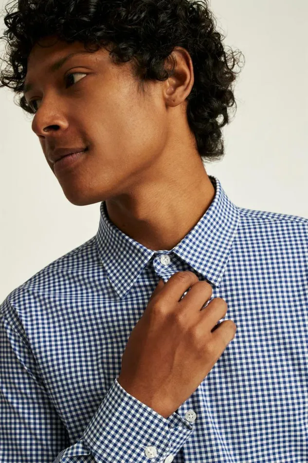 Men Tech Button Down Shirt Navy Medium Blue Plaid Bonobos Business Casual Shirts