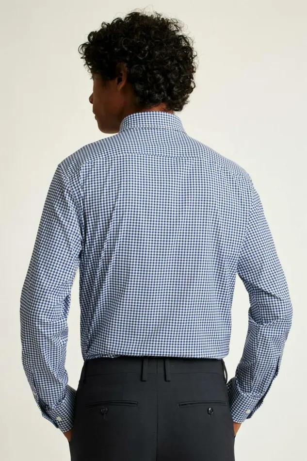 Men Tech Button Down Shirt Navy Medium Blue Plaid Bonobos Business Casual Shirts