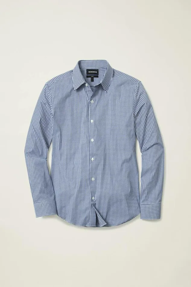 Men Tech Button Down Shirt Navy Medium Blue Plaid Bonobos Business Casual Shirts
