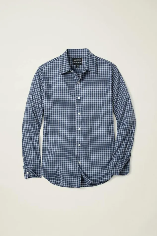 Men Tech Button Down Shirt Navy Regis Plaid Bonobos Business Casual Shirts