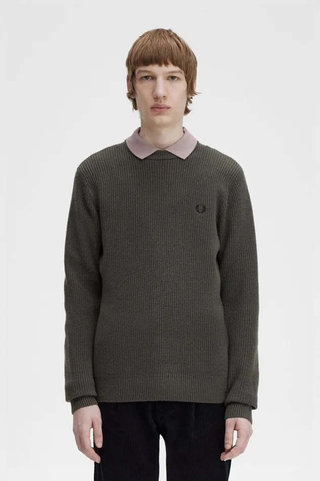 Men Textured Lambswool Jumper Field Green Fred Perry Knitwear