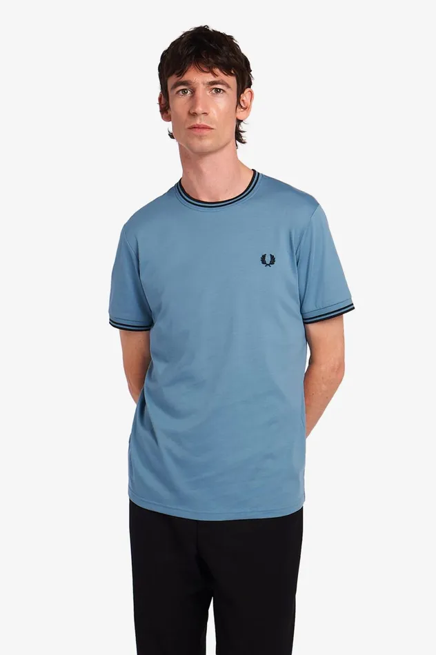 Men Twin Tipped TShirt Ash Blue Fred Perry TShirts