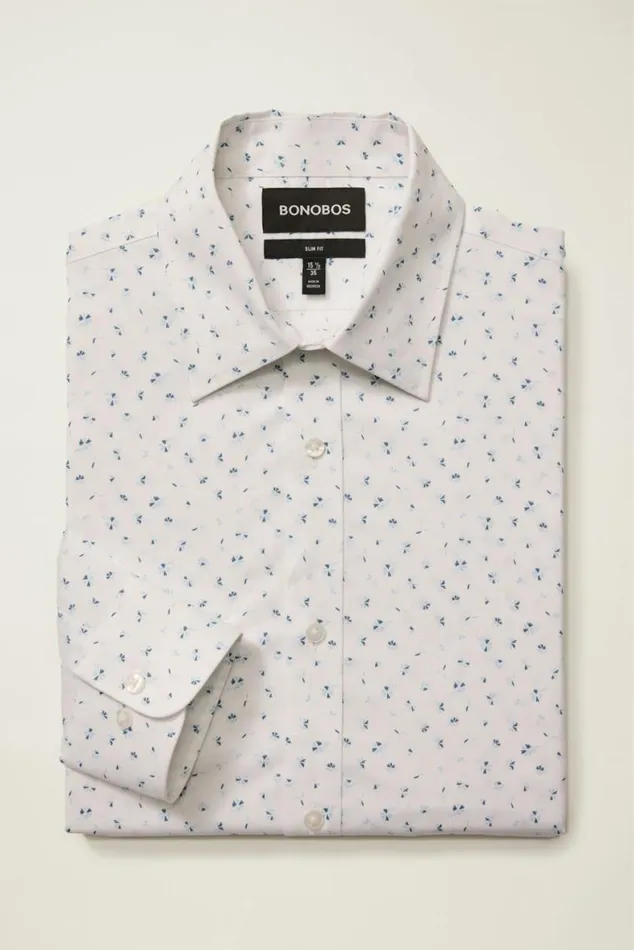 Men Weekday Warrior Dress Shirt White Blue Floral Bonobos Business Casual Shirts