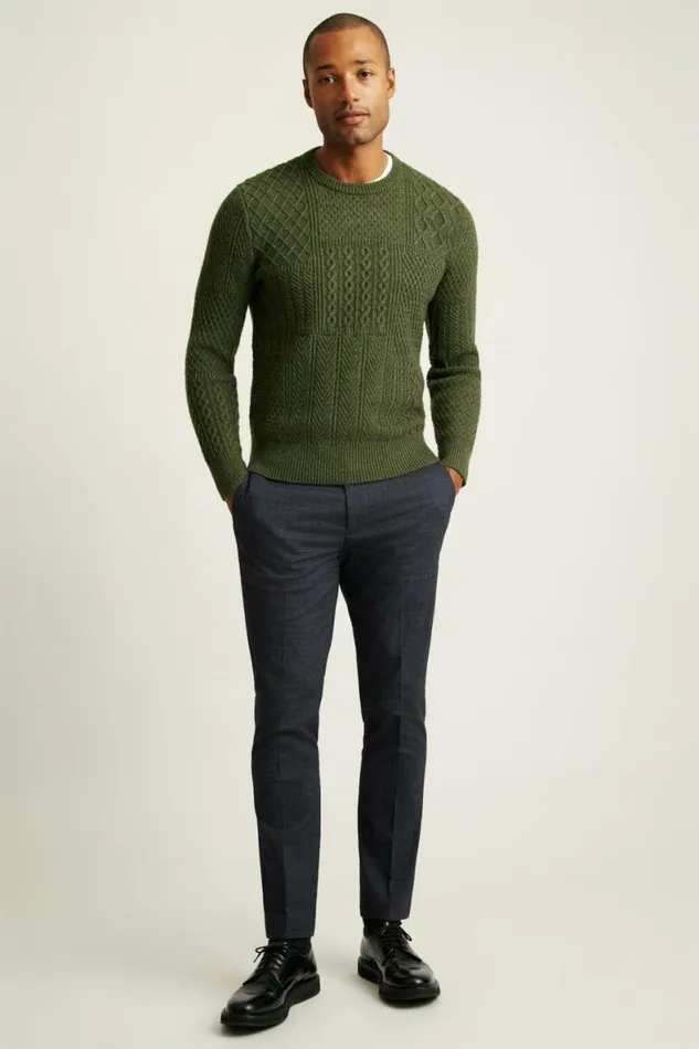 Men Wool Cable Crew Neck Sweater Thyme Green Bonobos Crew and VNeck Sweaters