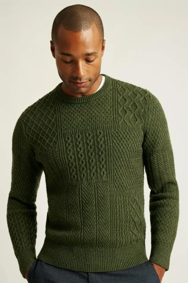 Men Wool Cable Crew Neck Sweater Thyme Green Bonobos Crew and VNeck Sweaters