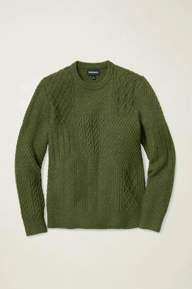 Men Wool Cable Crew Neck Sweater Thyme Green Bonobos Crew and VNeck Sweaters