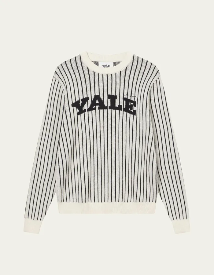 Men Yale Pinstripe Round Neck Knit 8211 IvoryBlack Les Deux Knitwear