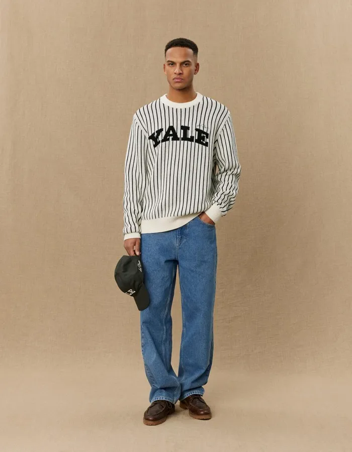 Men Yale Pinstripe Round Neck Knit 8211 IvoryBlack Les Deux Knitwear