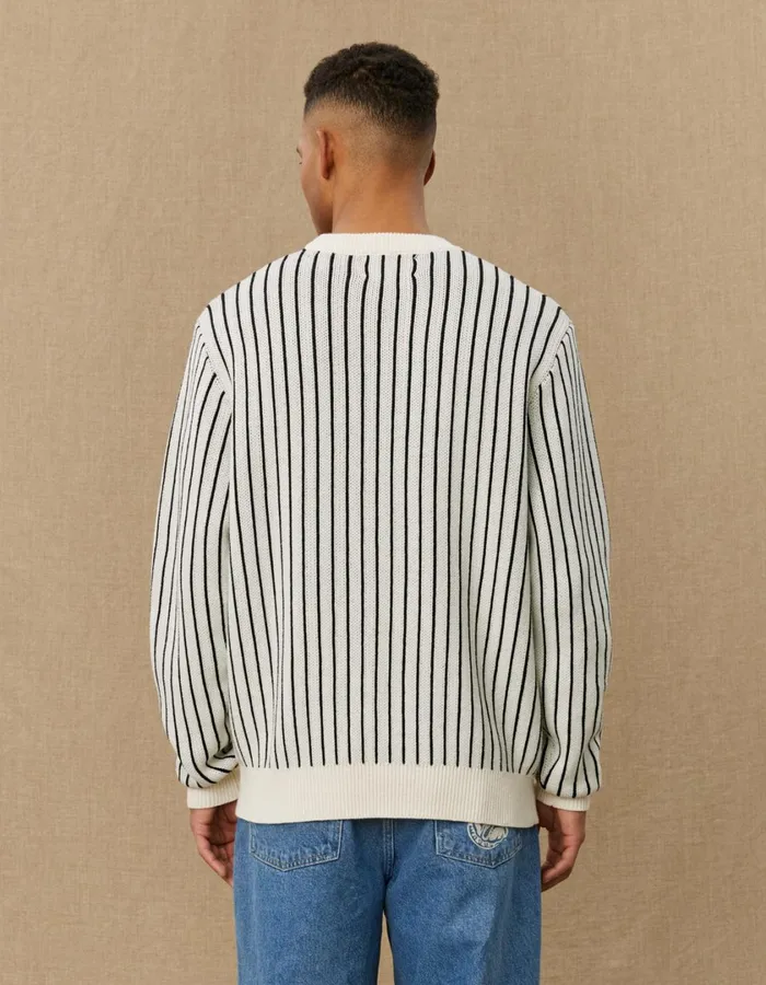 Men Yale Pinstripe Round Neck Knit 8211 IvoryBlack Les Deux Knitwear