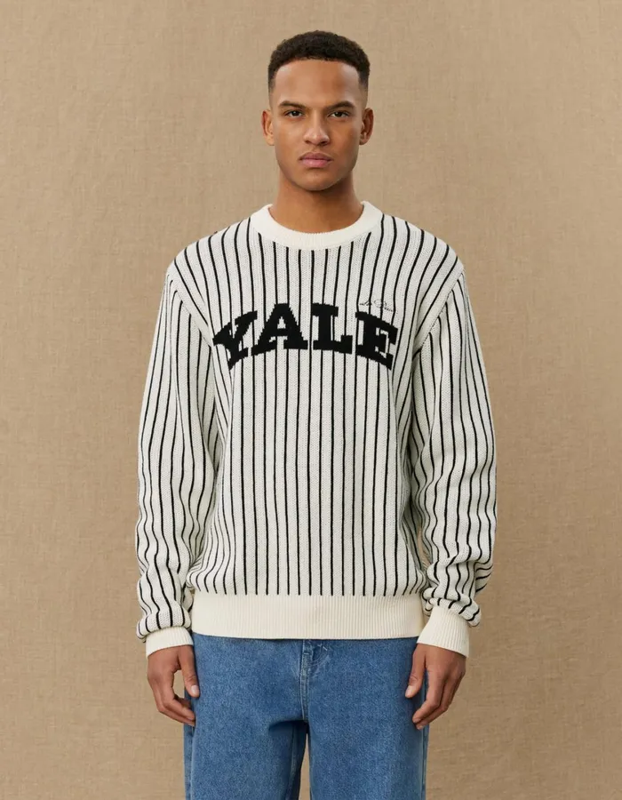 Men Yale Pinstripe Round Neck Knit 8211 IvoryBlack Les Deux Knitwear