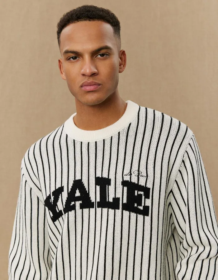 Men Yale Pinstripe Round Neck Knit 8211 IvoryBlack Les Deux Knitwear