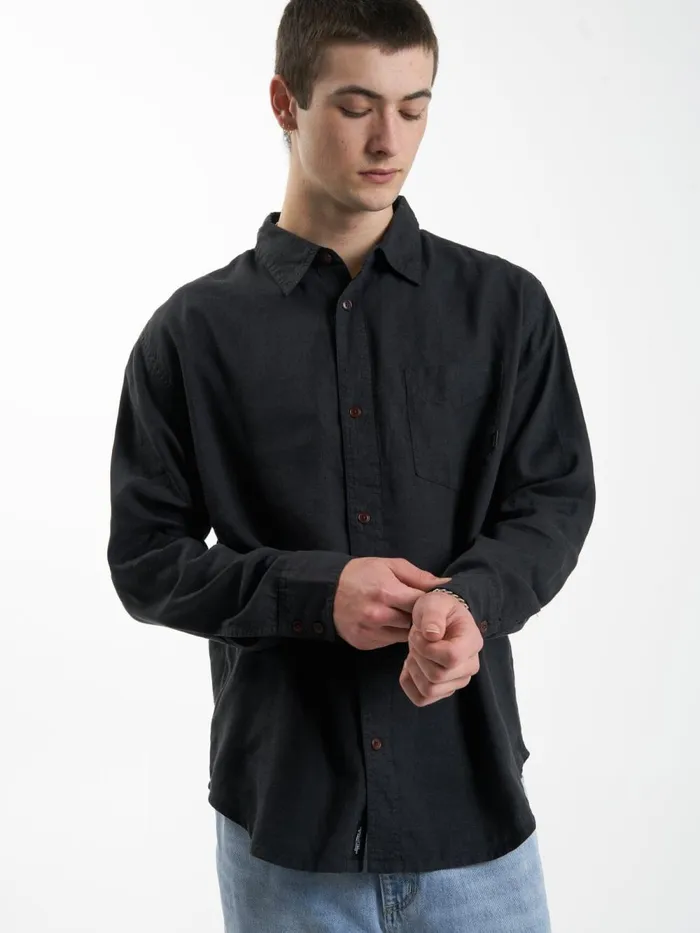 Mens Hemp Minimal Oversize Long Sleeve Shirt Black Thrills Shirts