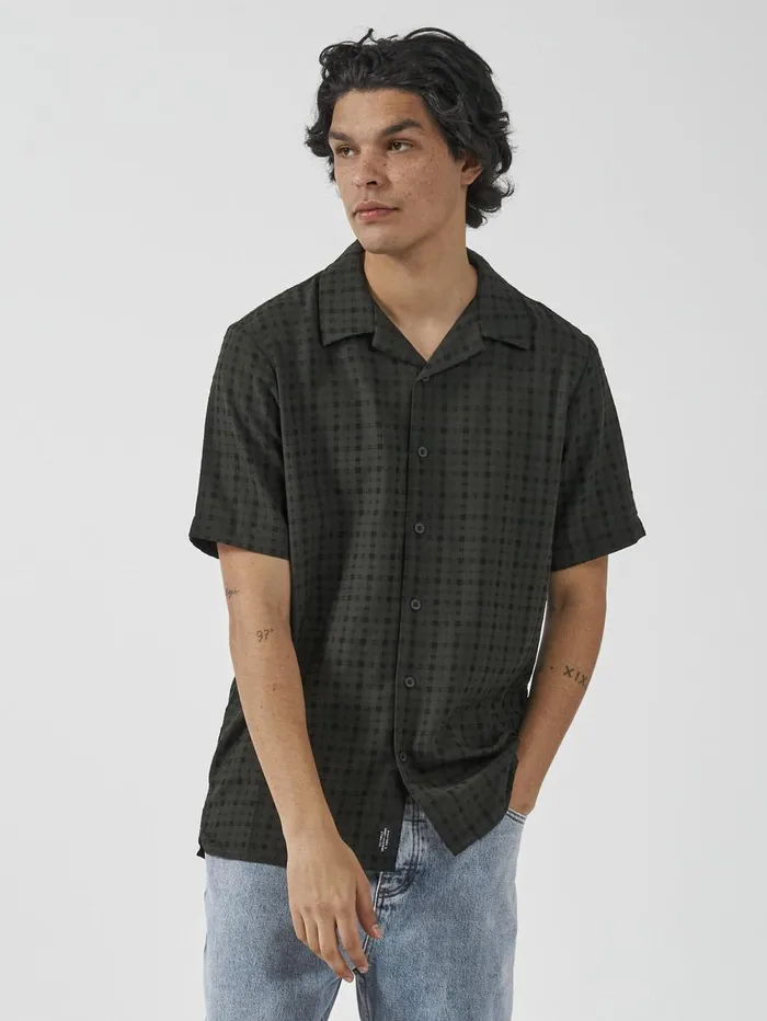 Mens Infinity Check Bowling Shirt Oil Green Thrills Shirts