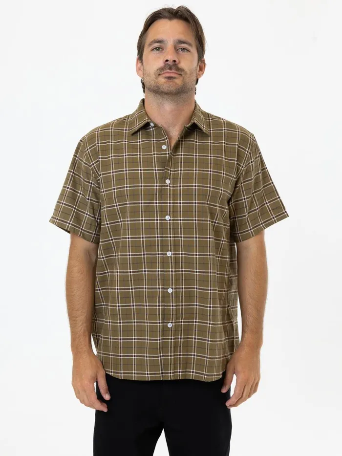 Mens Steadfast Check Short Sleeve Shirt Mustard Gold Thrills Shirts