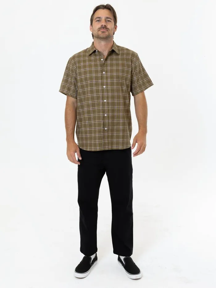 Mens Steadfast Check Short Sleeve Shirt Mustard Gold Thrills Shirts