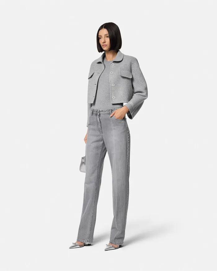 Outerwear and Coats Women Versace Barocco CashmereBlend Crop Jacket Gray