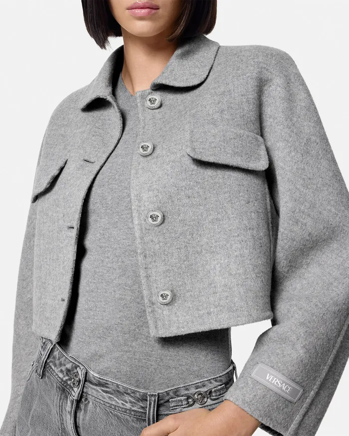 Outerwear and Coats Women Versace Barocco CashmereBlend Crop Jacket Gray