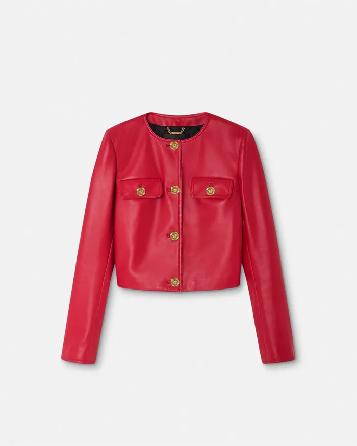 Outerwear and Coats Women Versace Leather Cardigan Jacket Red
