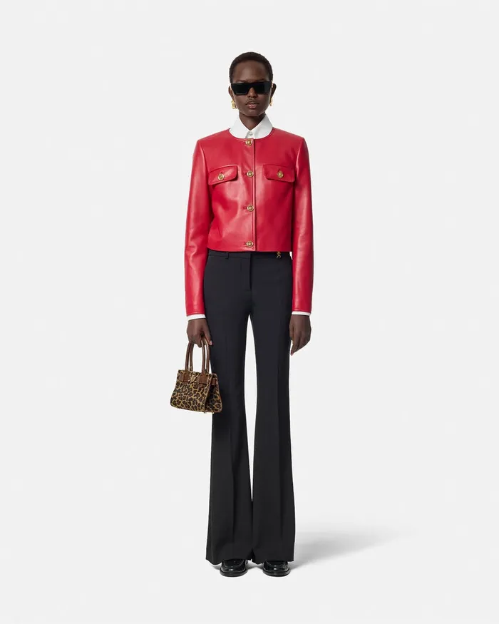 Outerwear and Coats Women Versace Leather Cardigan Jacket Red