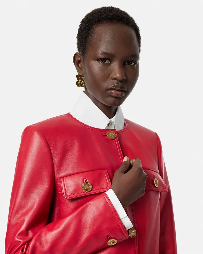 Outerwear and Coats Women Versace Leather Cardigan Jacket Red