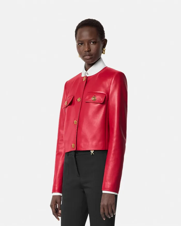 Outerwear and Coats Women Versace Leather Cardigan Jacket Red