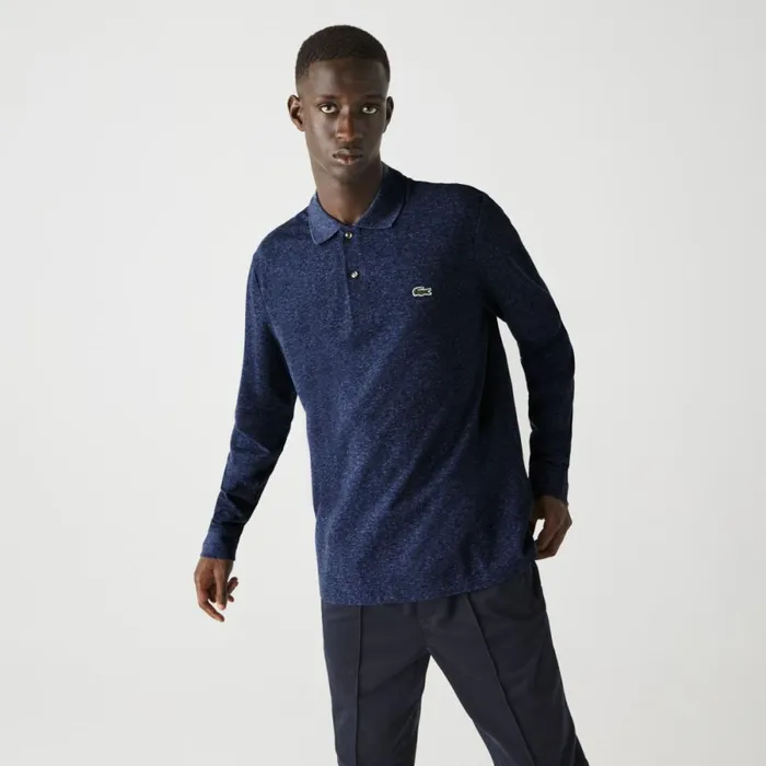 Polos Men Lacoste Men039s Long Sleeve Heathered Cotton Polo Blue Chine Hau