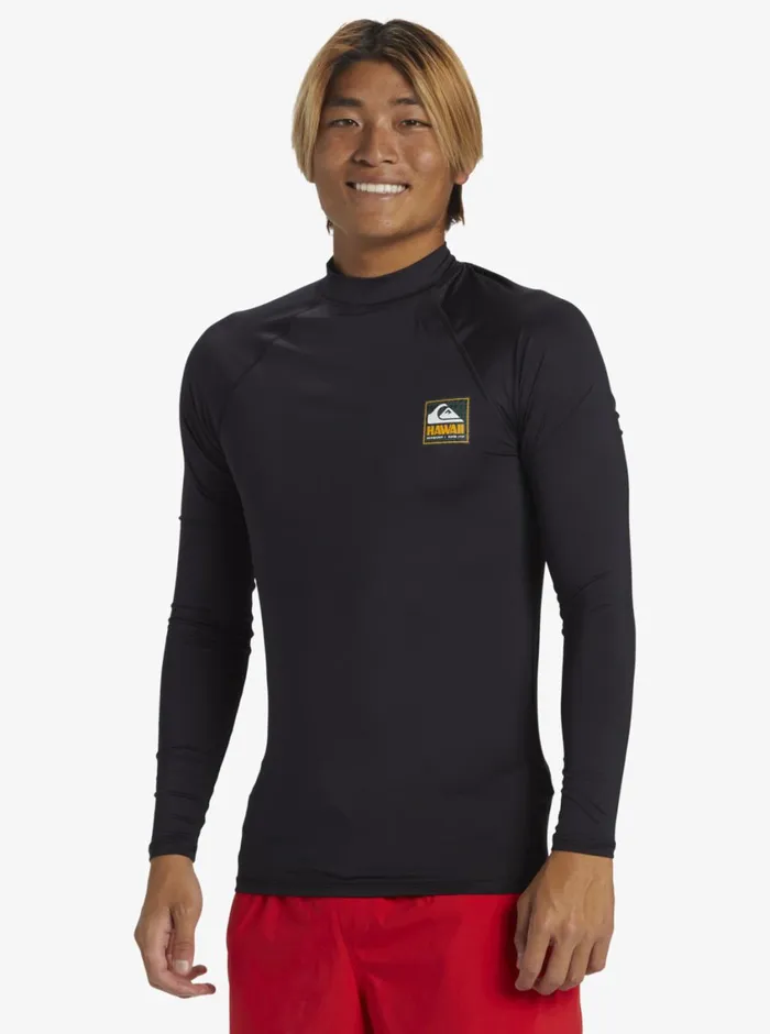 Quiksilver Hawaii Badge UPF50 Long Sleeve Surf Tee Black Mens Rashguards Quiksilver Hawaii Badge UPF50 Long Sleeve Surf Tee Black Mens Rashguards