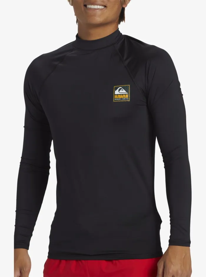 Quiksilver Hawaii Badge UPF50 Long Sleeve Surf Tee Black Mens Rashguards Quiksilver Hawaii Badge UPF50 Long Sleeve Surf Tee Black Mens Rashguards