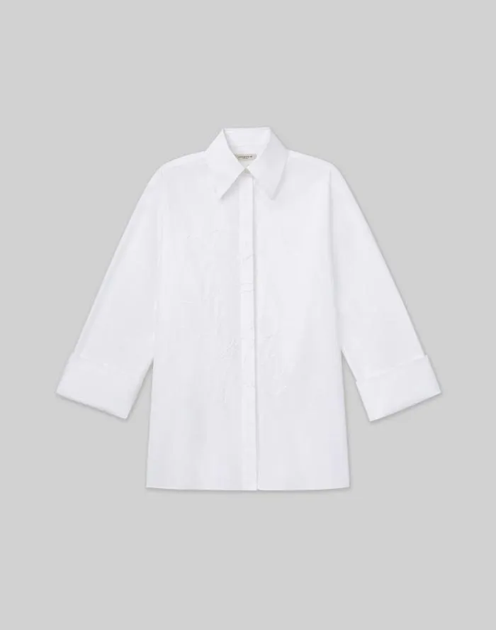 Ready To Wear Embroidered Rose Organic Cotton Poplin Oversized Shirt White Lafayette 148 New York Blouses and Shirts