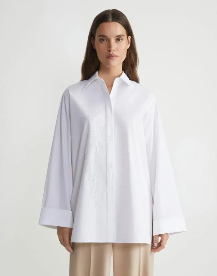 Ready To Wear Embroidered Rose Organic Cotton Poplin Oversized Shirt White Lafayette 148 New York Blouses and Shirts