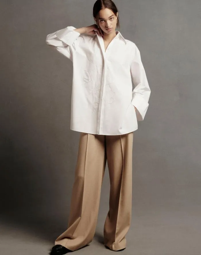Ready To Wear Embroidered Rose Organic Cotton Poplin Oversized Shirt White Lafayette 148 New York Blouses and Shirts
