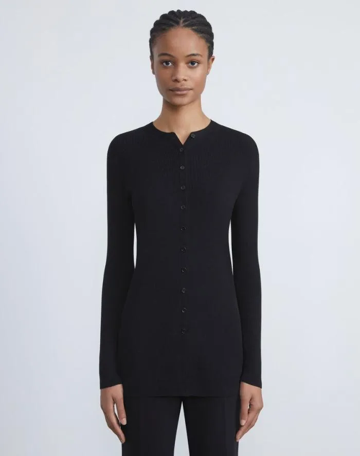 Ready To Wear Finespun Voile Ribbed Long Cardigan Black Lafayette 148 New York Sweaters and Knits