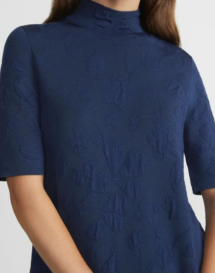 Ready To Wear Flora Jacquard Responsible Fine Gauge MerinoViscose Sweater Dress Midnight Blue Lafayette 148 New York Dresses