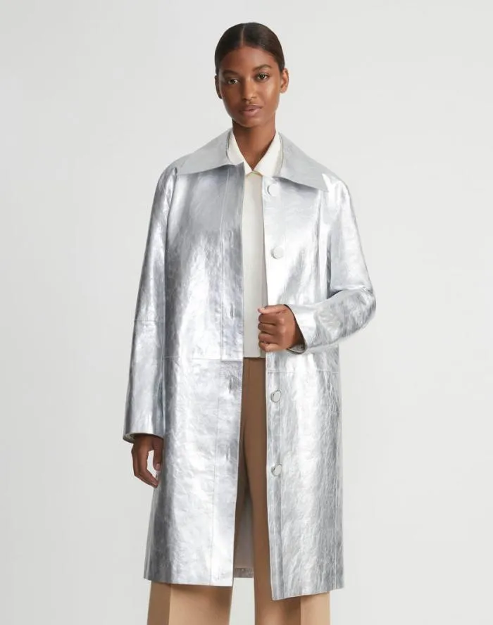 Ready To Wear Metallic Crinkle Leather Coat Silver Lafayette 148 New York Leathers and Suedes