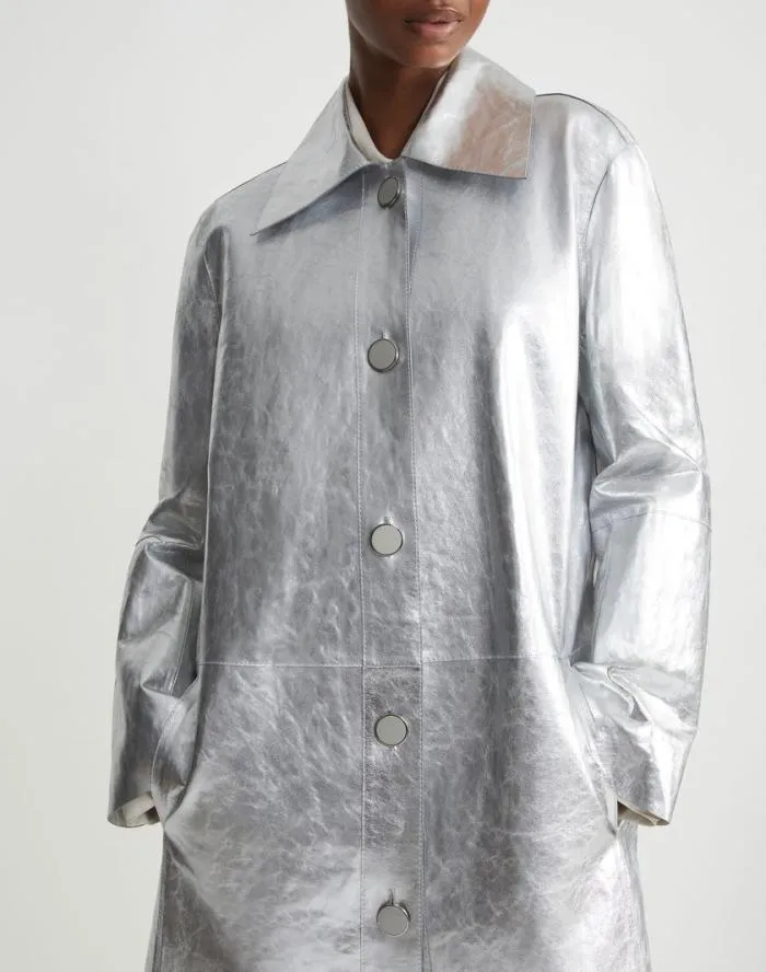 Ready To Wear Metallic Crinkle Leather Coat Silver Lafayette 148 New York Leathers and Suedes