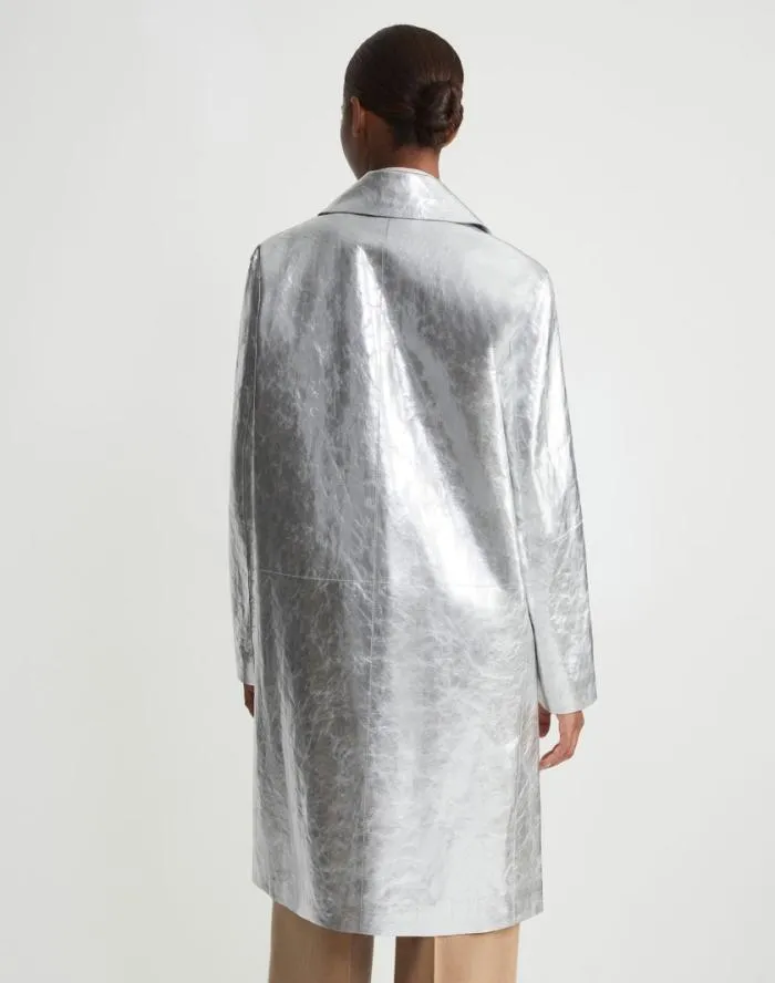 Ready To Wear Metallic Crinkle Leather Coat Silver Lafayette 148 New York Leathers and Suedes