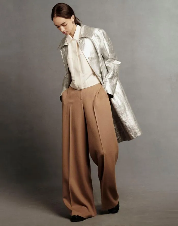 Ready To Wear Metallic Crinkle Leather Coat Silver Lafayette 148 New York Leathers and Suedes