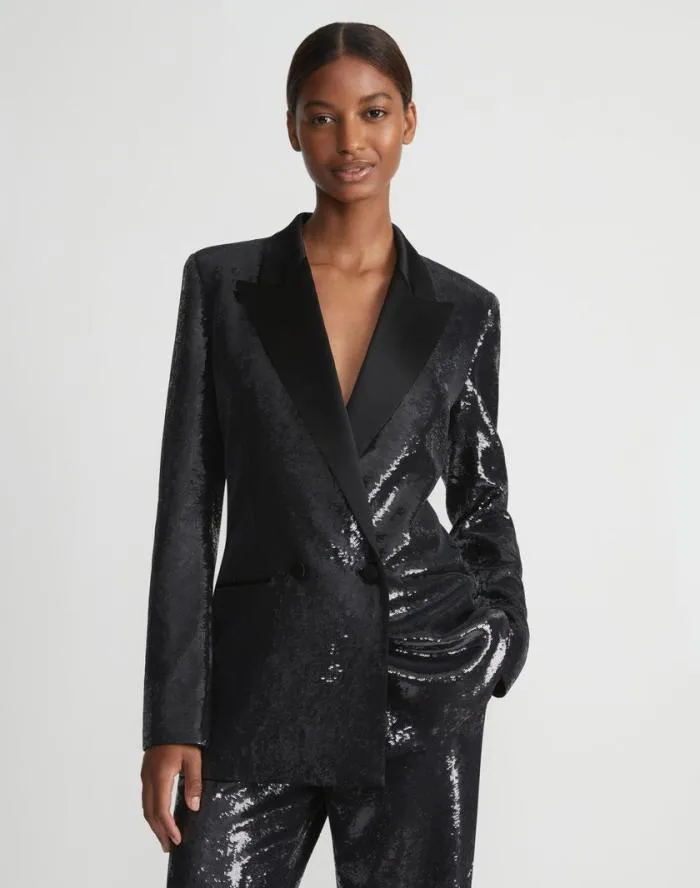 Ready To Wear Sequin Chiffon Double Breasted Blazer Black Lafayette 148 New York Jackets and Blazers